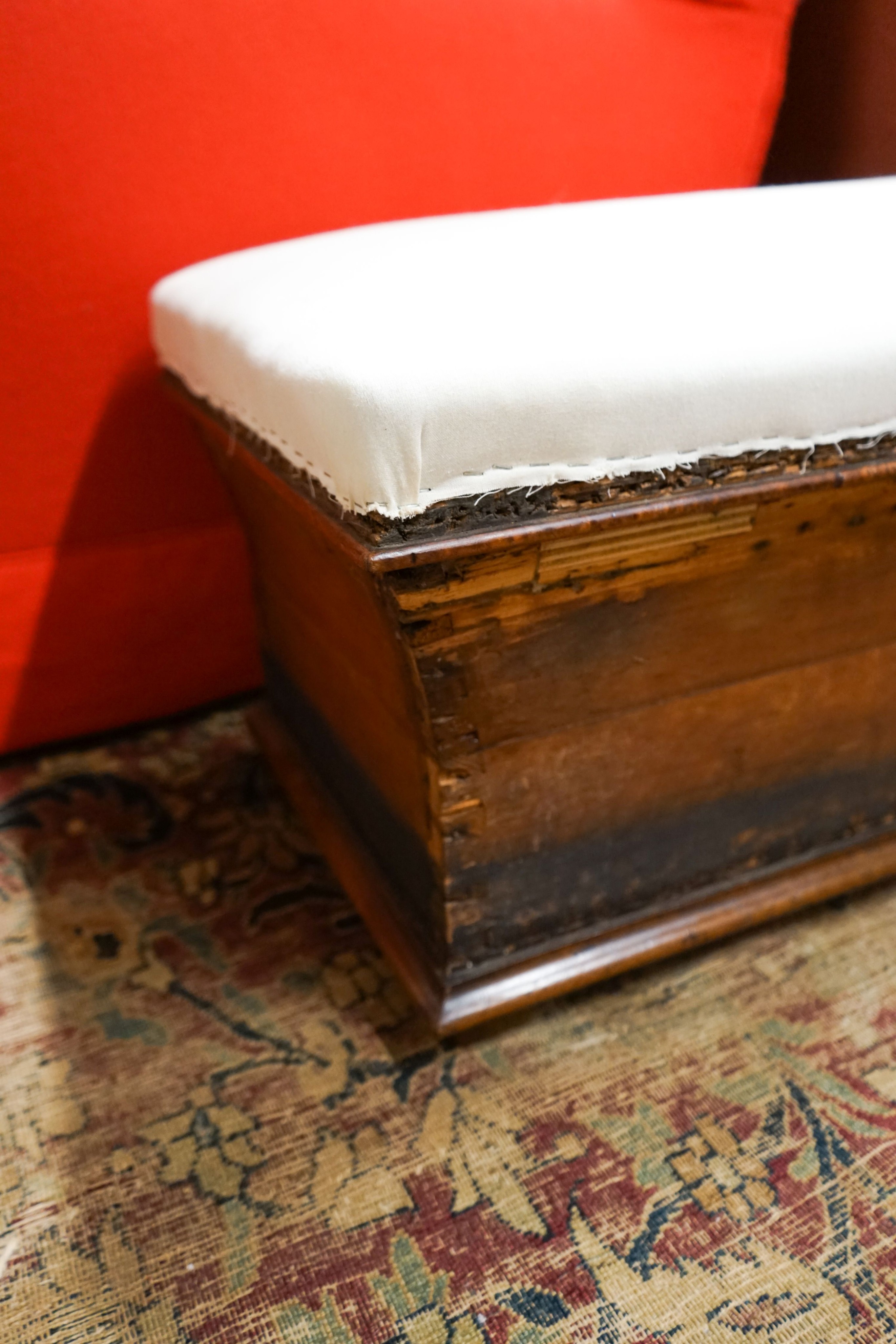 A Victorian pine and mahogany part-upholstered ottoman, length 120cm, depth 40cm, height 36cm